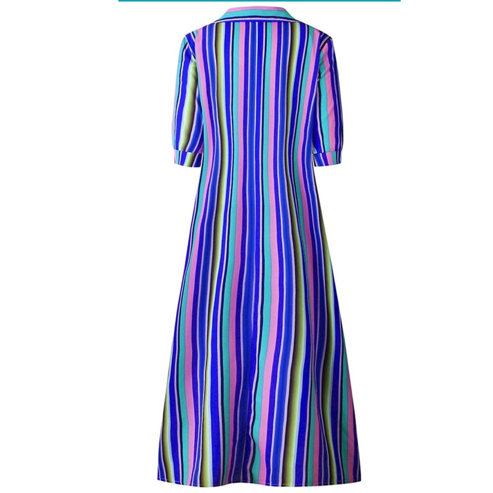 Blue Rainbow Stripped Boho Maxi Tunic Dress - Picture 3 of 6